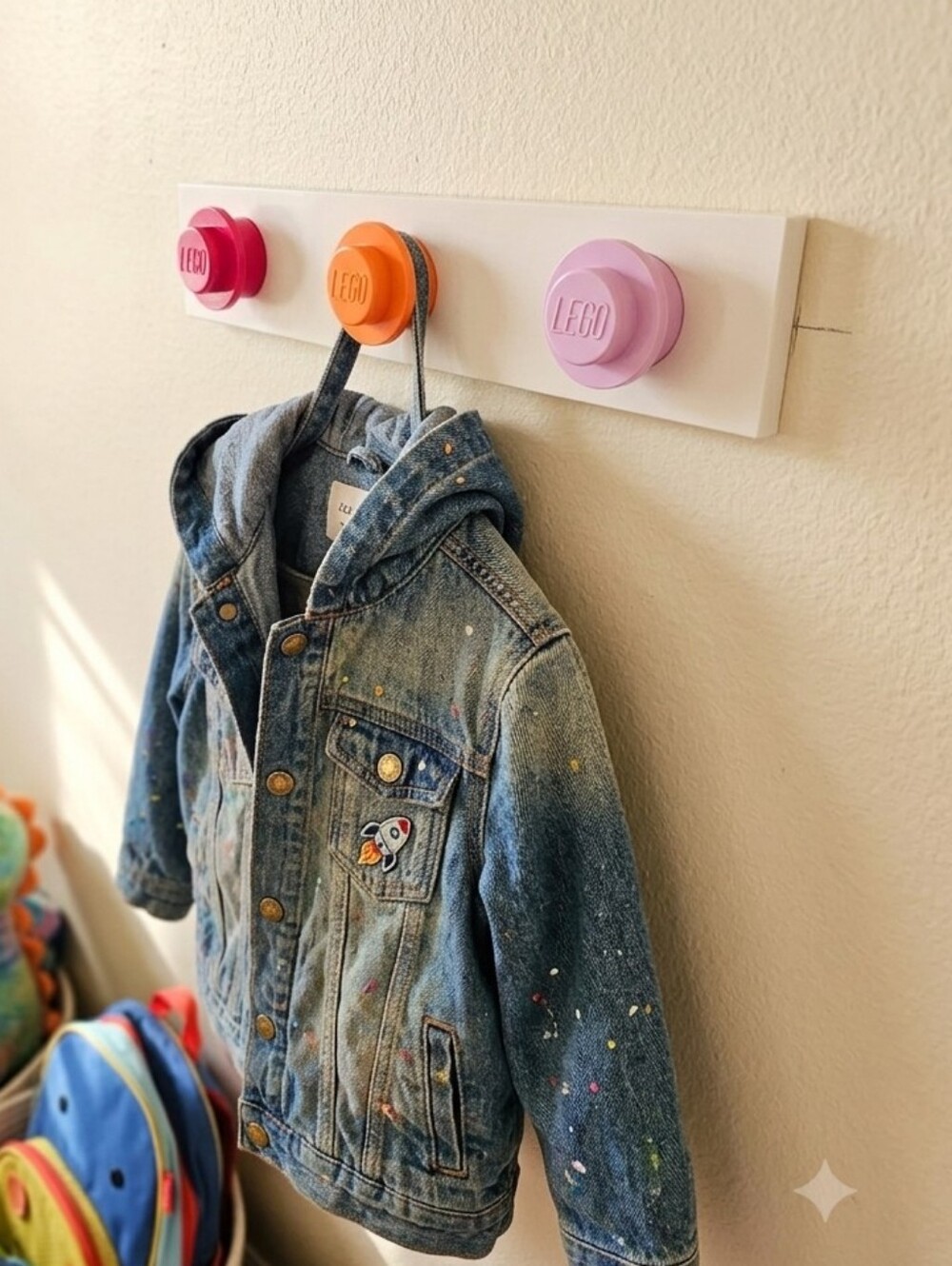 LEGO Wall Hook Rack with Pink, Orange, Red Round Hooks